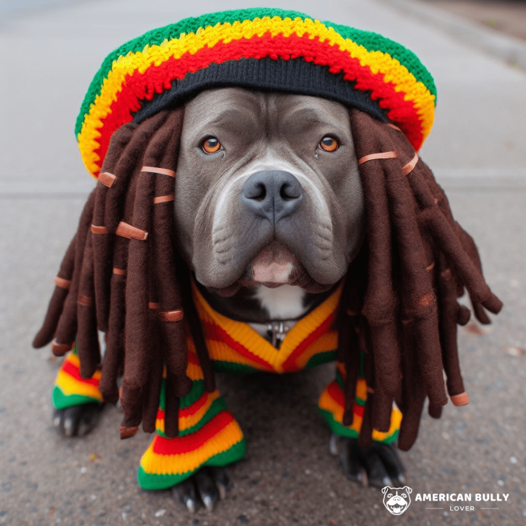 American Bully dog in a Rastafarian Halloween costume, complete with dreadlocks. 