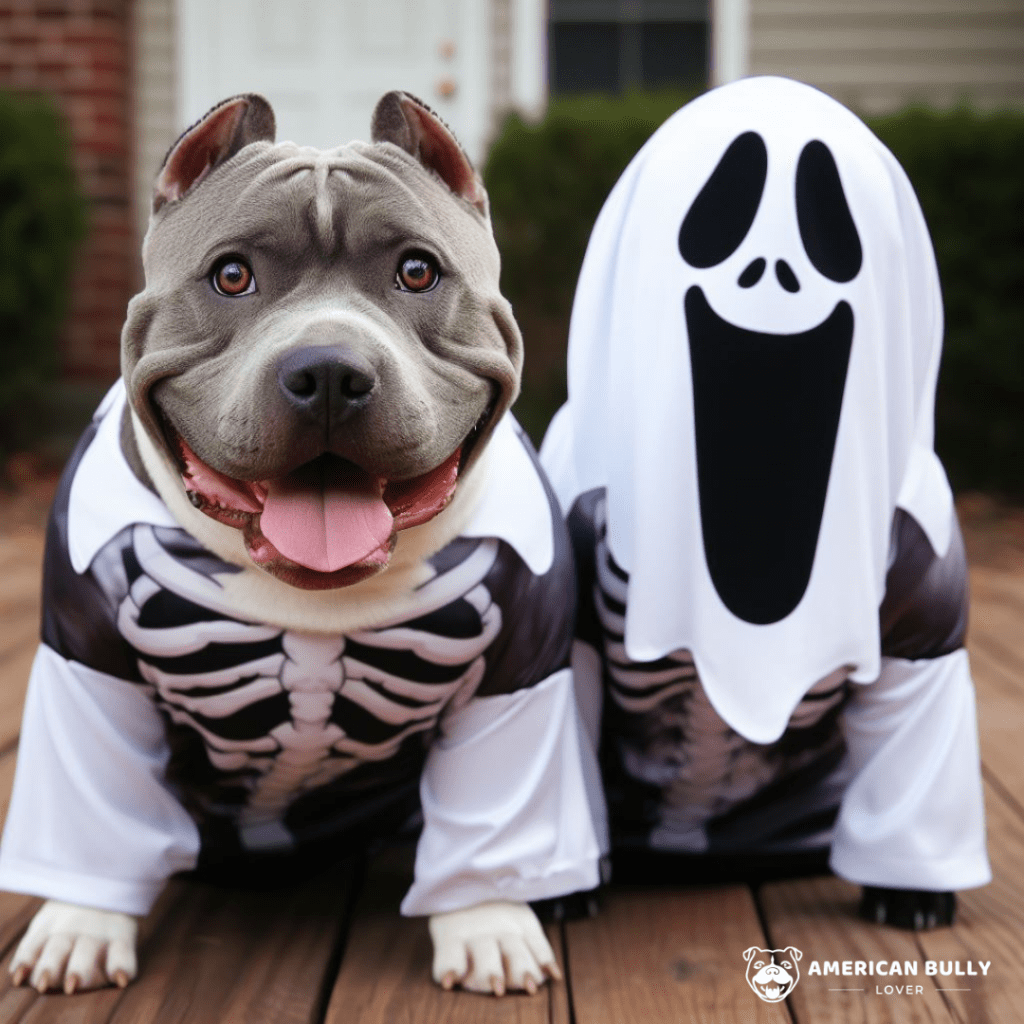 American Bully dog in a ghost Halloween costume.