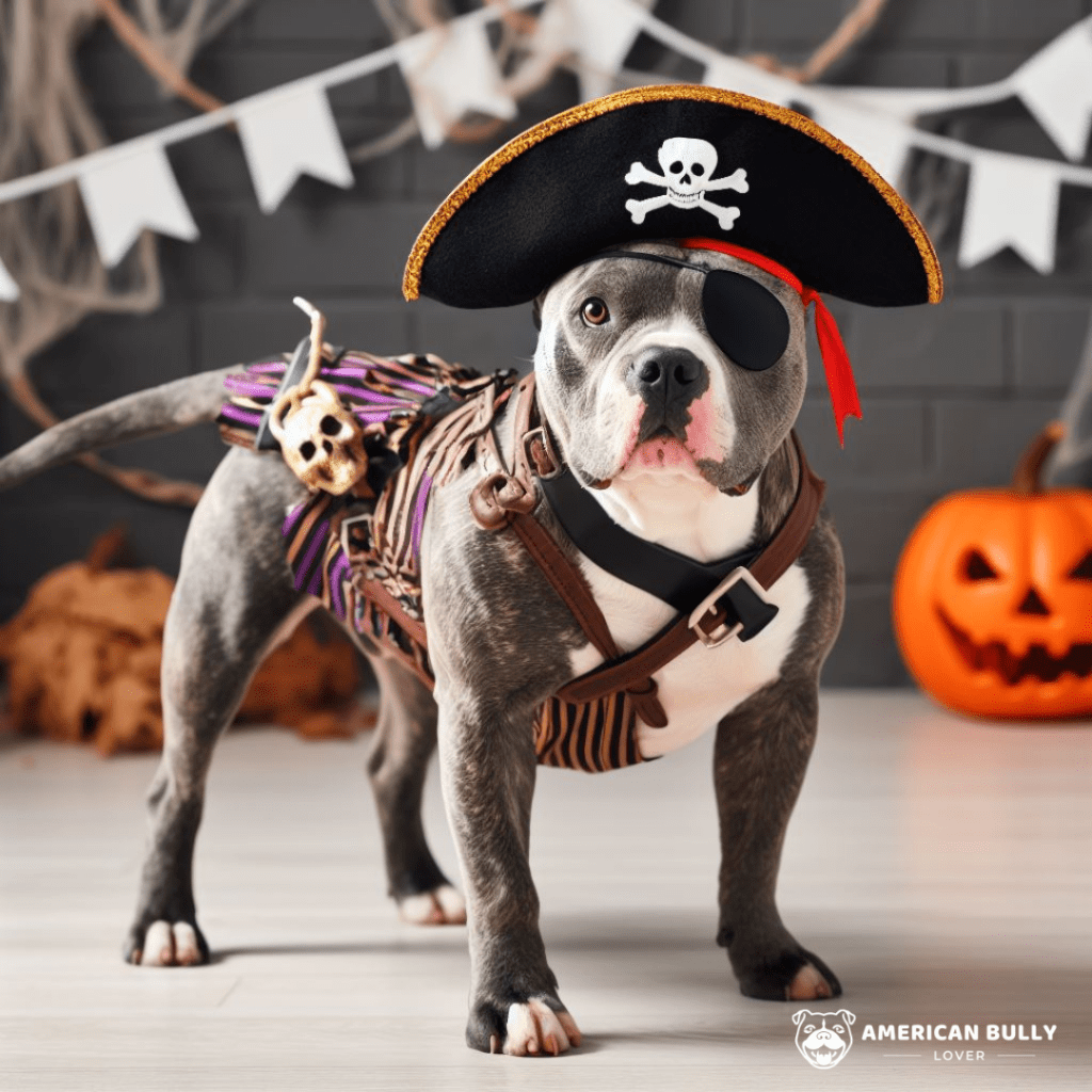 American Bully dog in a pirate Halloween costume.