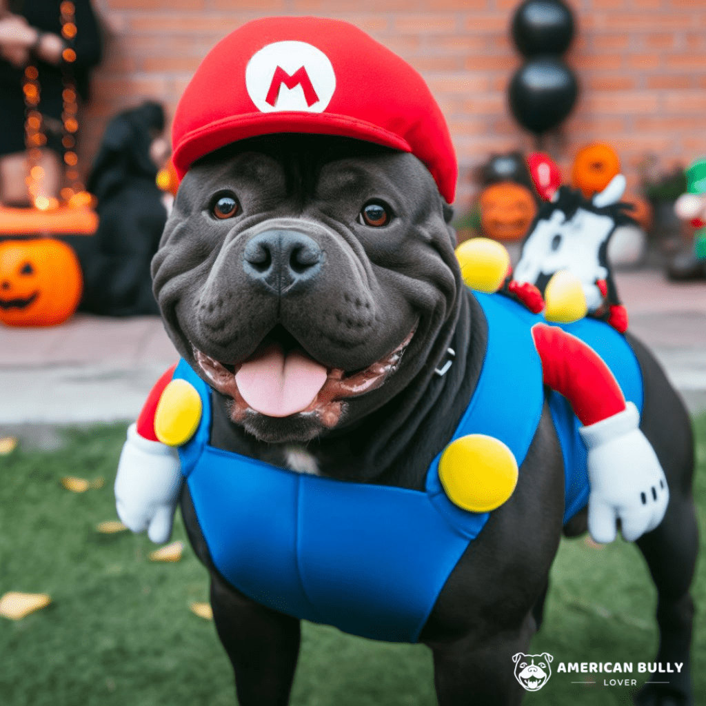 American Bully dog in a Super Mario Halloween costume.