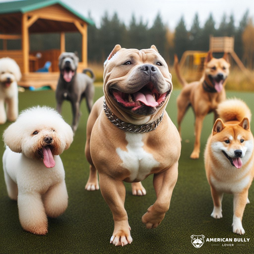 American bully dog playing happily with other dogs at a dog daycare center