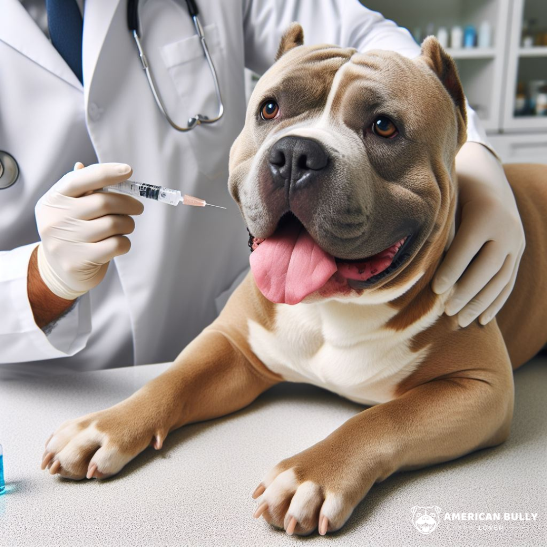 American bully dog getting vaccinated at the vet's