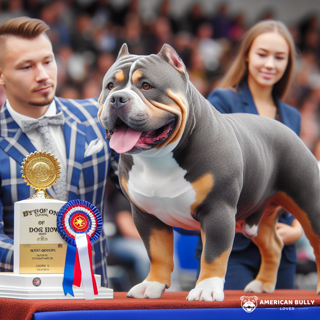 American bully dog at a dog show winning a prize