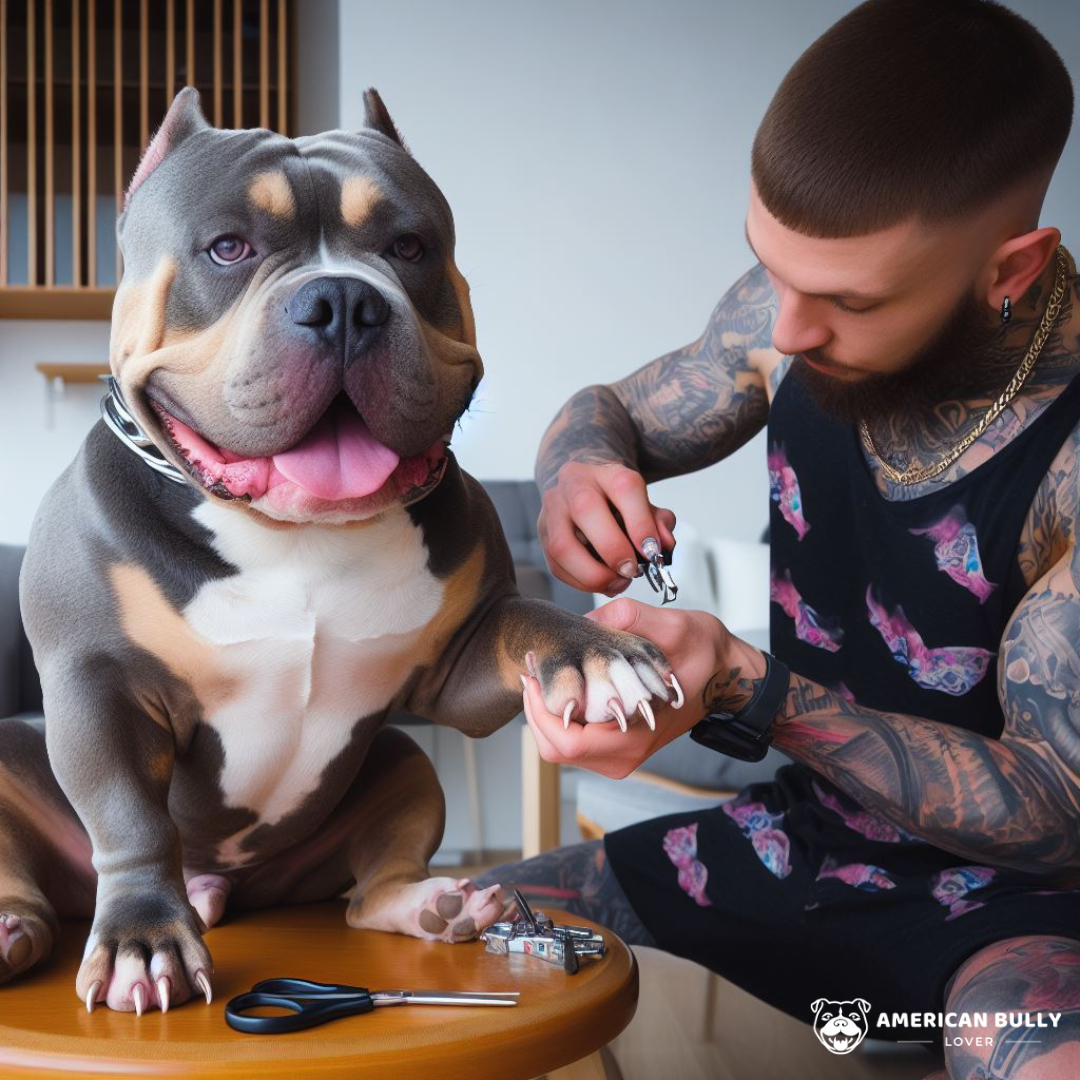 Bulky American bully XL dog getting his nailed trimmed by his owner