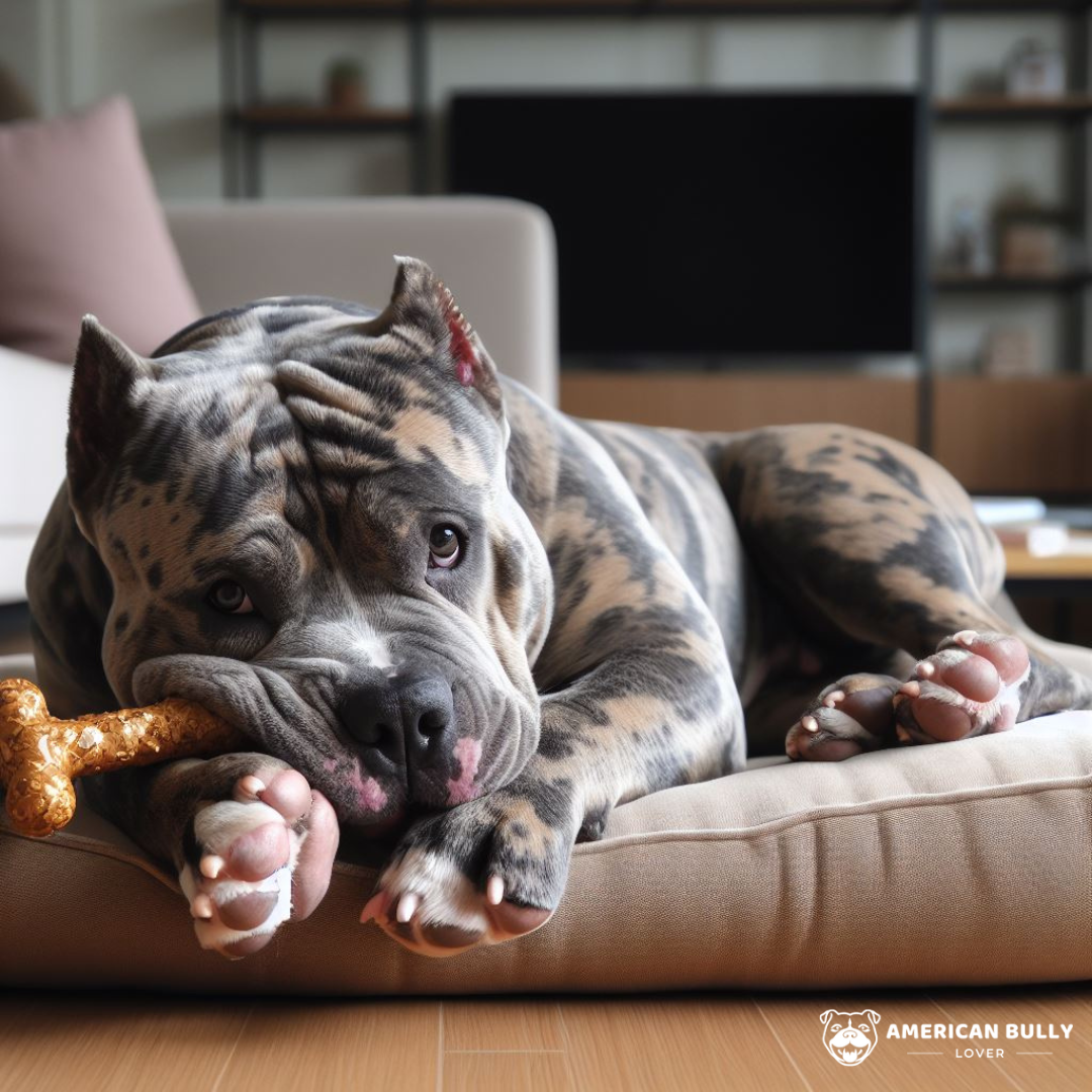 American Bully dog chilling on a couch playing with a toy