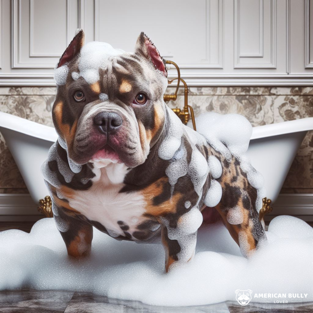American bully dog getting a bath, having foam all over his body
