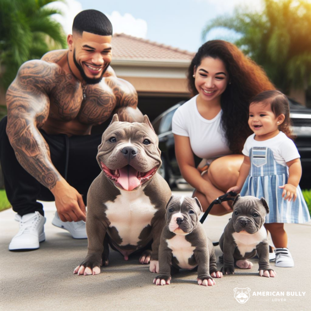 American bully dog puppies with their new family